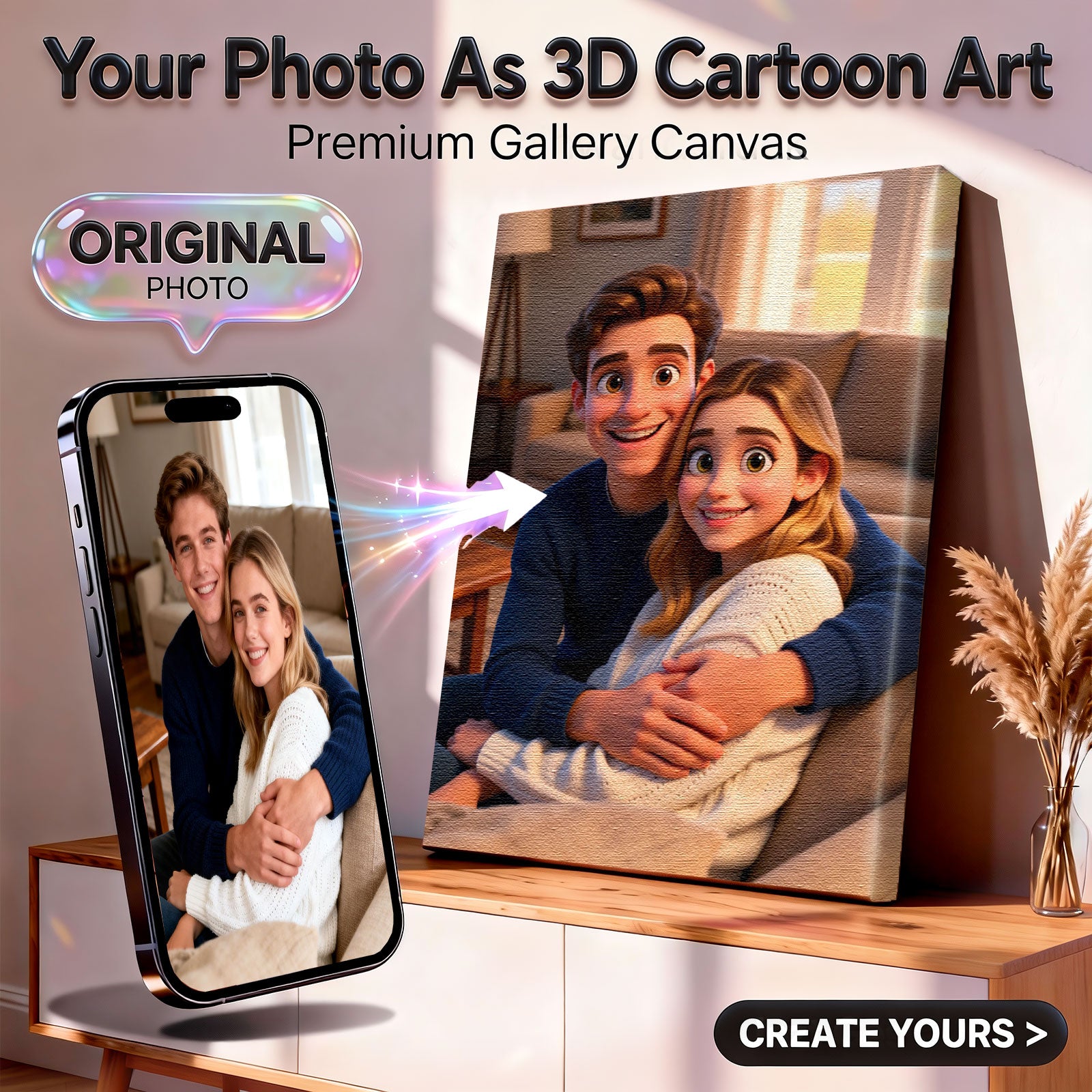 Custom 3D Cartoon Couple Portrait - Personalized Pixar-Style Gallery Canvas from Your Photo 